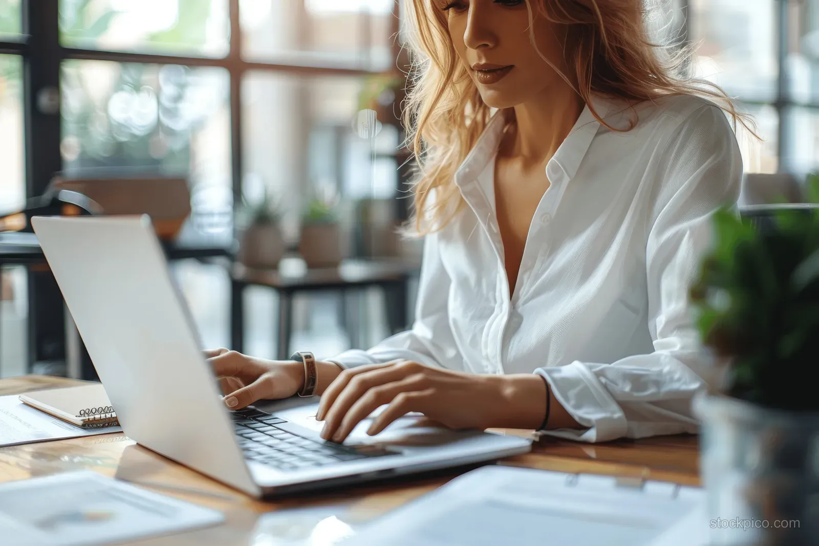 Businesswoman typing on a laptop at a cafe table with documents and a smartphone nearby.