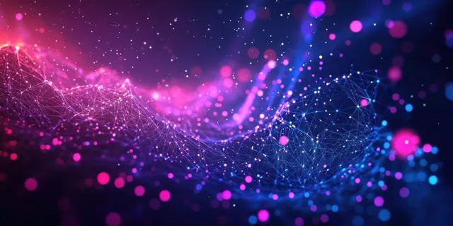 Neon blue and pink polygon network with glowing nodes curves across a dark abstract background.