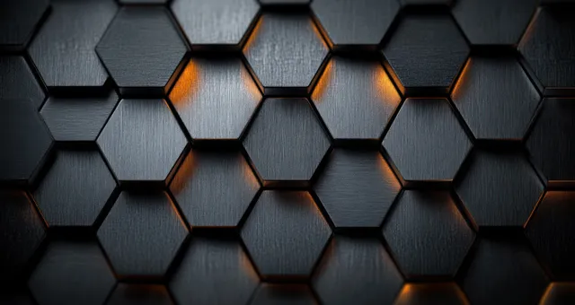 Brushed steel hexagonal tiles with glowing edges forming a futuristic geometric background