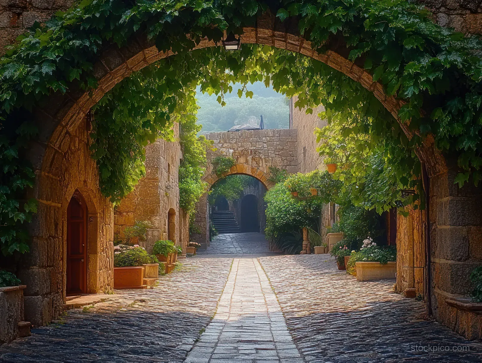 A medieval stone archway covered with vines frames a cobblestone alley leading past planters in morning light.