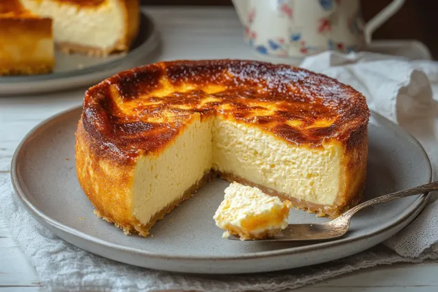 A golden baked cheesecake sits on a gray plate while a fork holds a small piece from the missing slice.