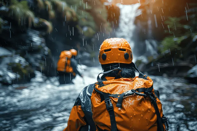 Helmeted raftsman in orange gear stands in heavy rain and mist beside a roaring waterfall on a foggy river.