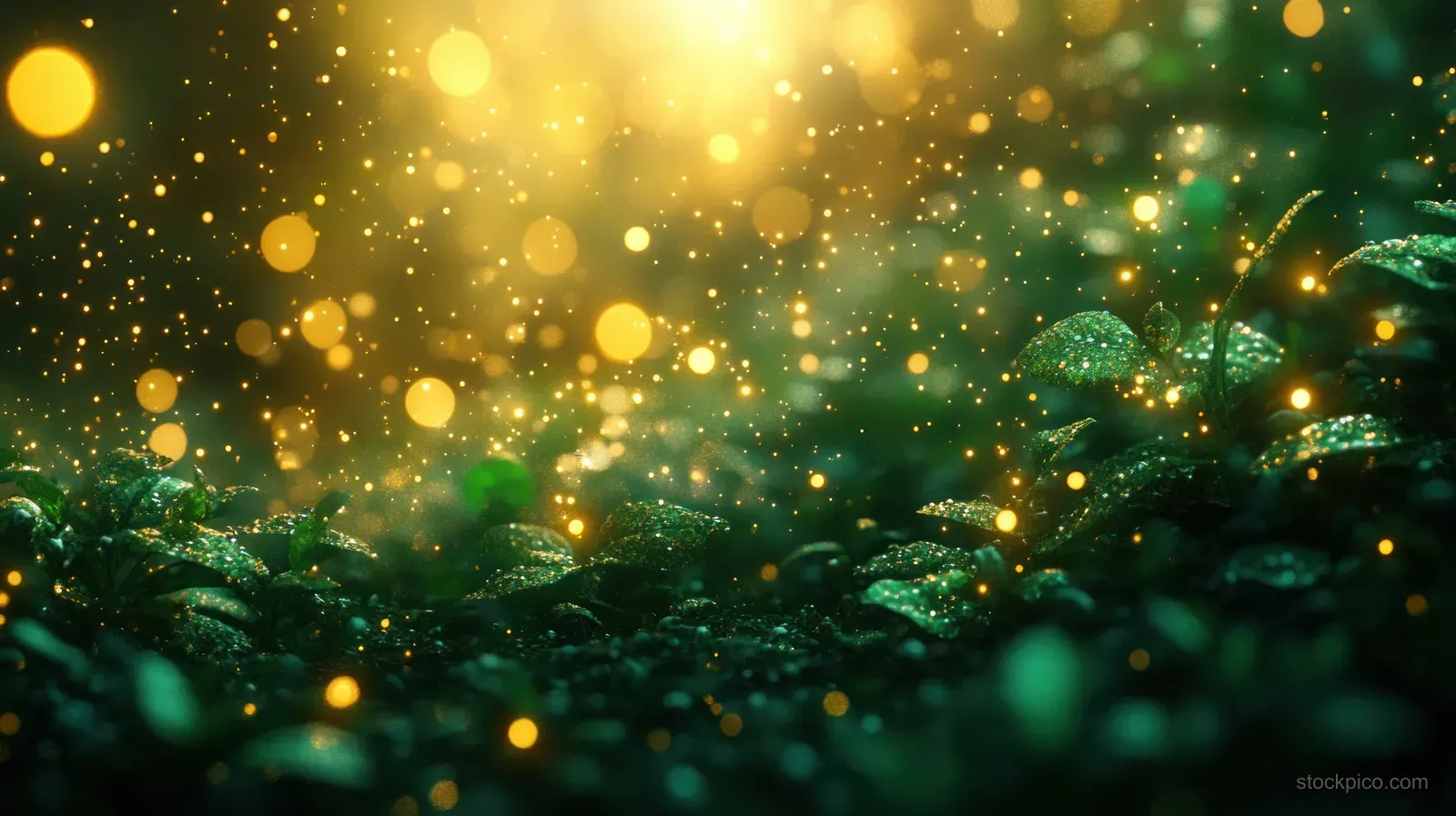 Green bokeh circles and sparkling particles glow over dark leafy foliage with soft light haze.