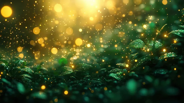 Green bokeh circles and sparkling particles glow over dark leafy foliage with soft light haze.