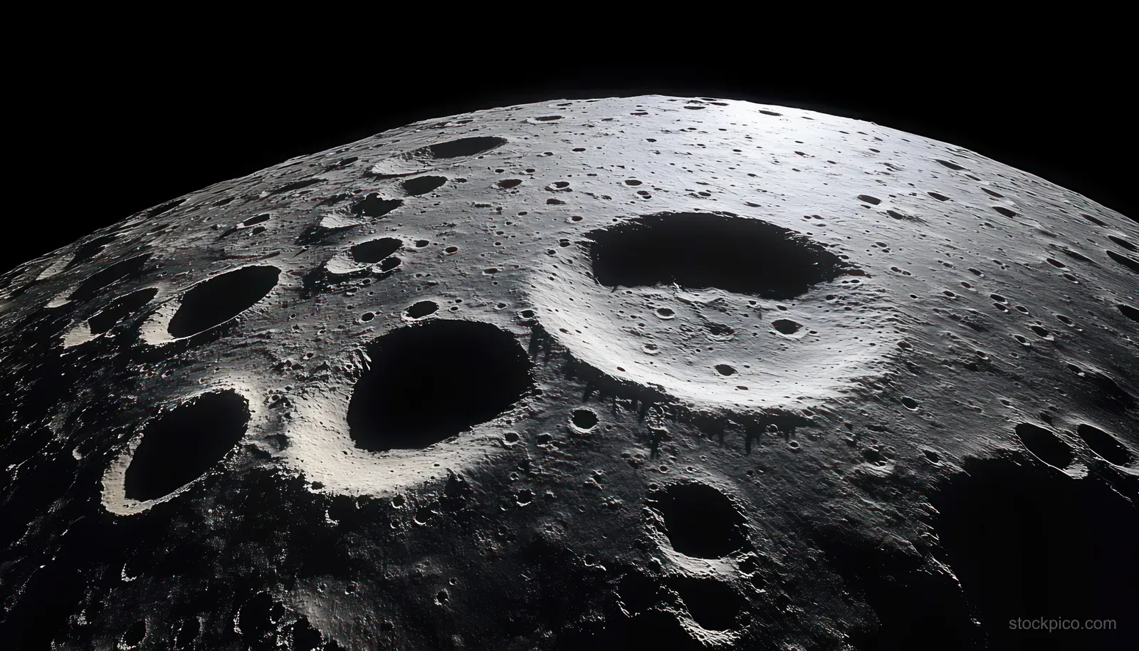 A dark cratered celestial surface with large and small impact craters and soft shadows under dim light.