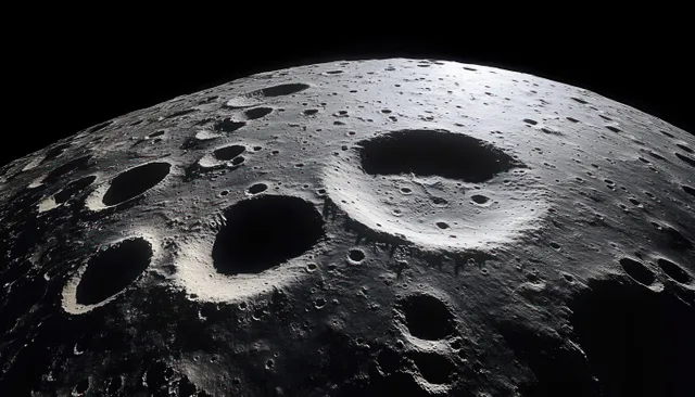 A dark cratered celestial surface with large and small impact craters and soft shadows under dim light.