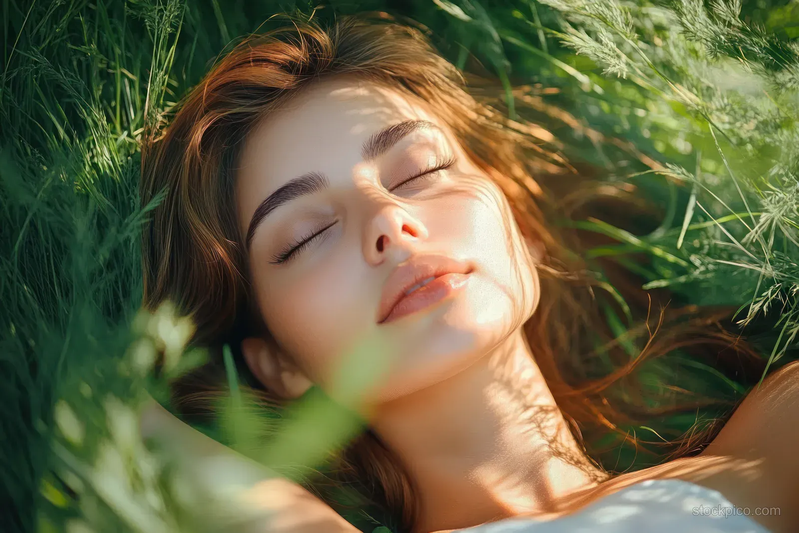 Young woman lying in green grass with eyes closed as soft sunlight illuminates her face.