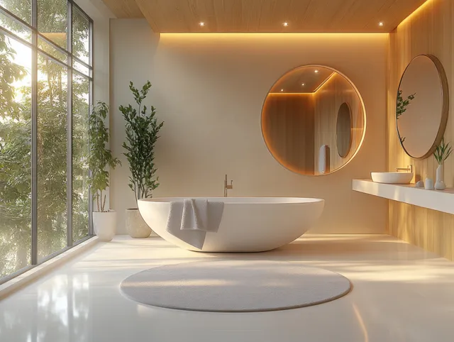 Minimalist bathroom interior with a freestanding bathtub under warm wood ceiling lighting and daylight from a large window.