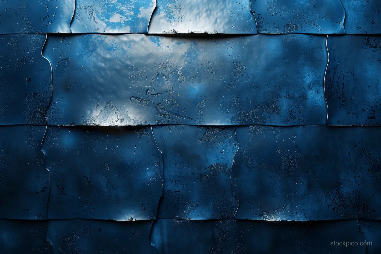 Teal and blue brushed steel wall panels with metallic highlights, seams, and rivet-like details.