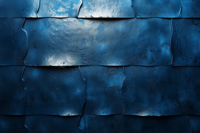 Teal and blue brushed steel wall panels with metallic highlights, seams, and rivet-like details.