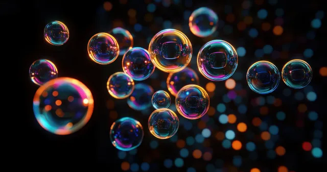 Multiple iridescent soap bubbles float against a dark background with rainbow reflections and glimmering highlights.