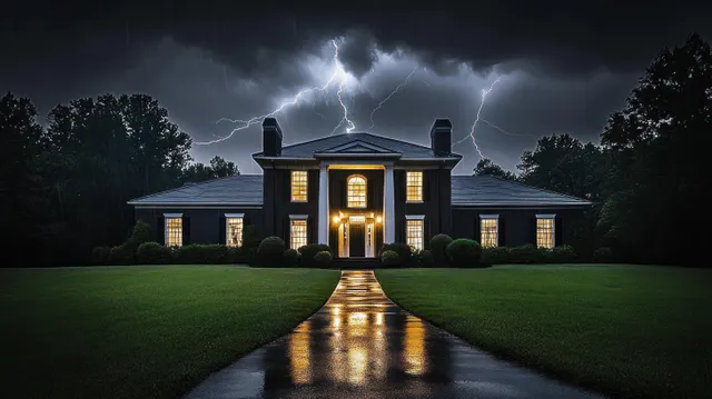 A stately house glows through windows on a rainy night as lightning lights the dark sky above the wet front walkway.