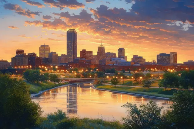Golden hour sunset over Omaha Nebraska city skyline with Missouri River reflections
