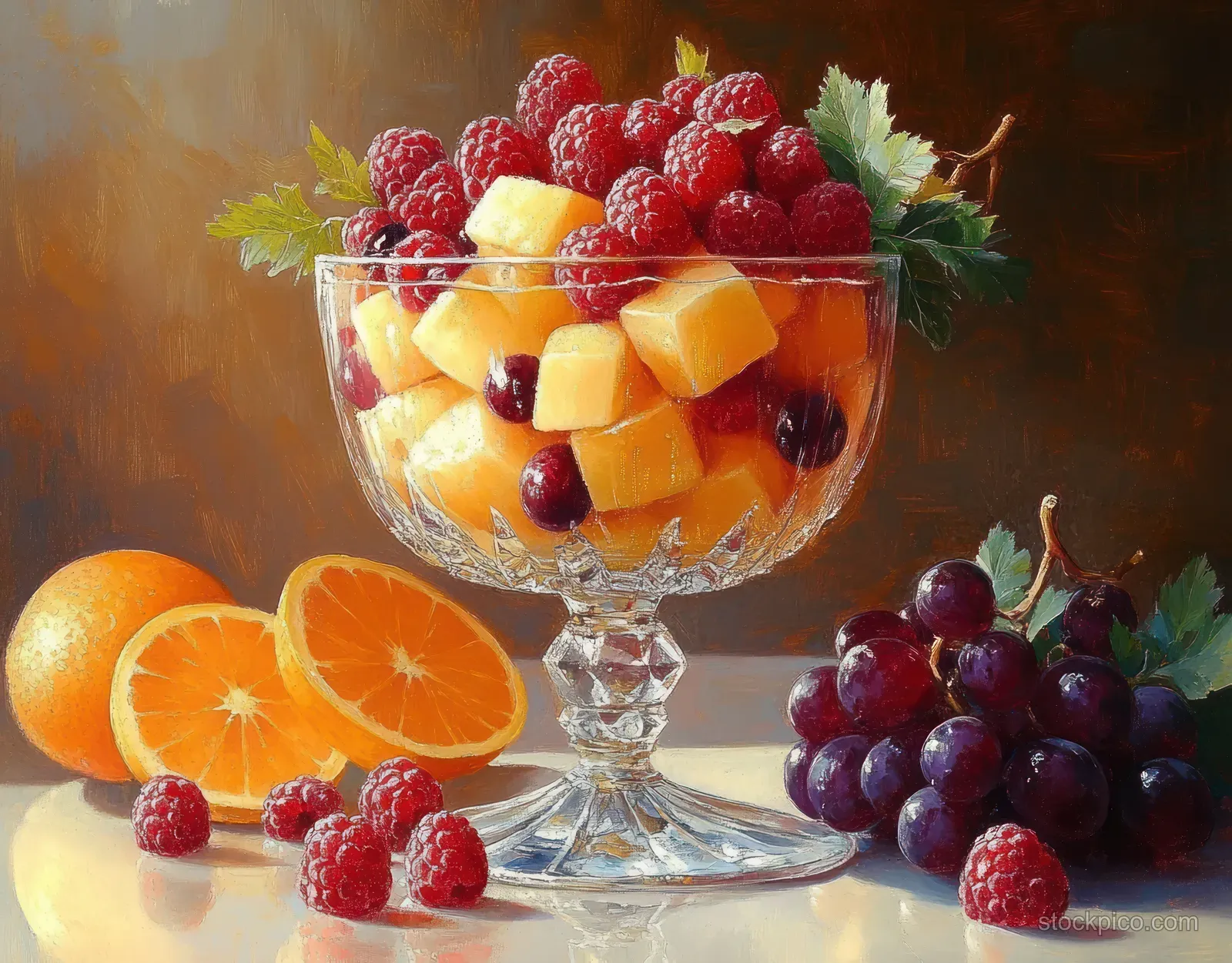 A clear glass bowl filled with cubed melon, raspberries, and grapes sits with oranges on a reflective surface.