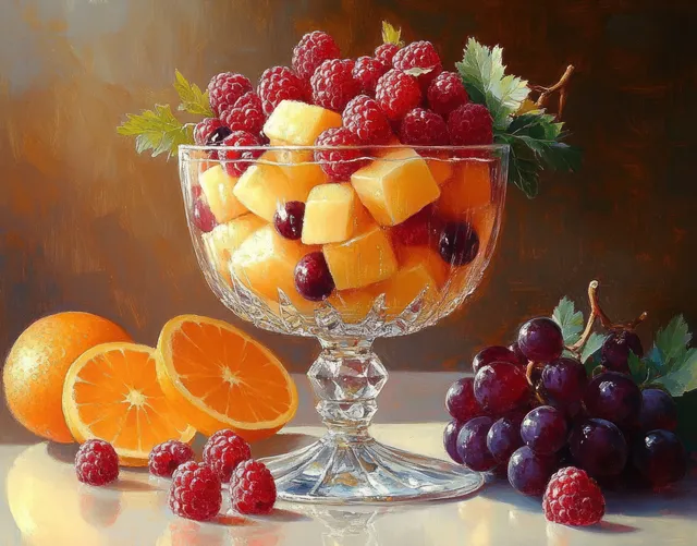 Clear glass bowl of melon cubes with raspberries and grapes beside orange slices
