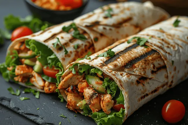 Grilled chicken wraps filled with lettuce and tomato sit on a dark slate board with sliced tortillas.