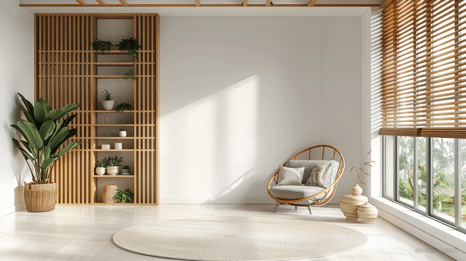 Minimalist living room interior with a white floor, wooden shelving, and a window with blinds casting daylight shadows.