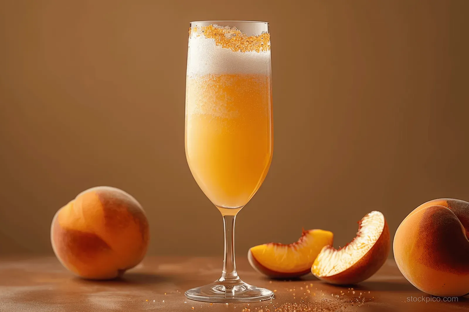Peach fuzz cocktail in a champagne flute with frothy foam, surrounded by peach slices on a warm surface.