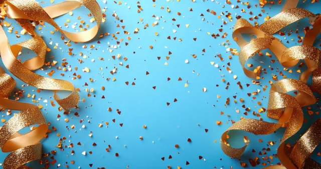 Gold ribbons and confetti scattered across a teal celebration background with copy space