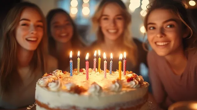 Four smiling young women pose behind a lit birthday cake with cream frosting and candle flames.