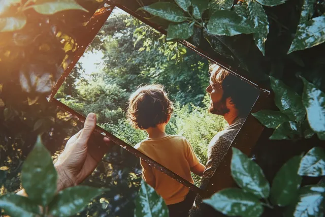 A hand holding a mirror reflects a man and child relaxing among sunlit green leaves.