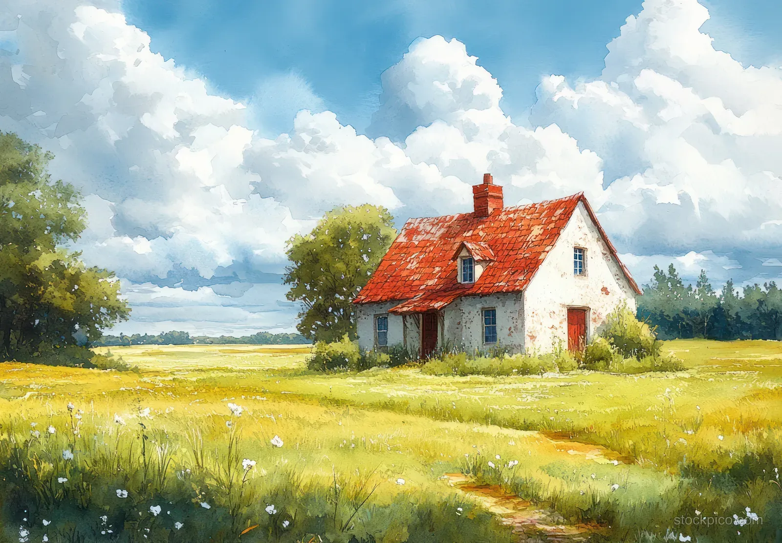 Watercolor painting of a red-roof house in green fields with blue sky and cumulus clouds overhead.