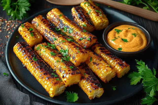 Grilled corn on the cob with char marks and parsley sits on a black plate beside creamy dipping sauce.