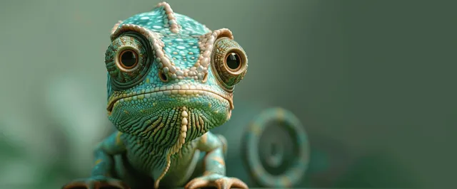 Cartoon chameleon with large eyes posing on a green background with blurred foliage behind it.