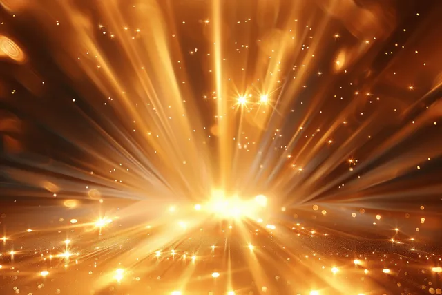 Golden sunlight rays burst from a bright center with motion streaks on a blurred brown background.