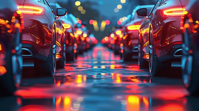 Used cars parked in a dealership lot with red and blue lights reflecting on a wet city street.