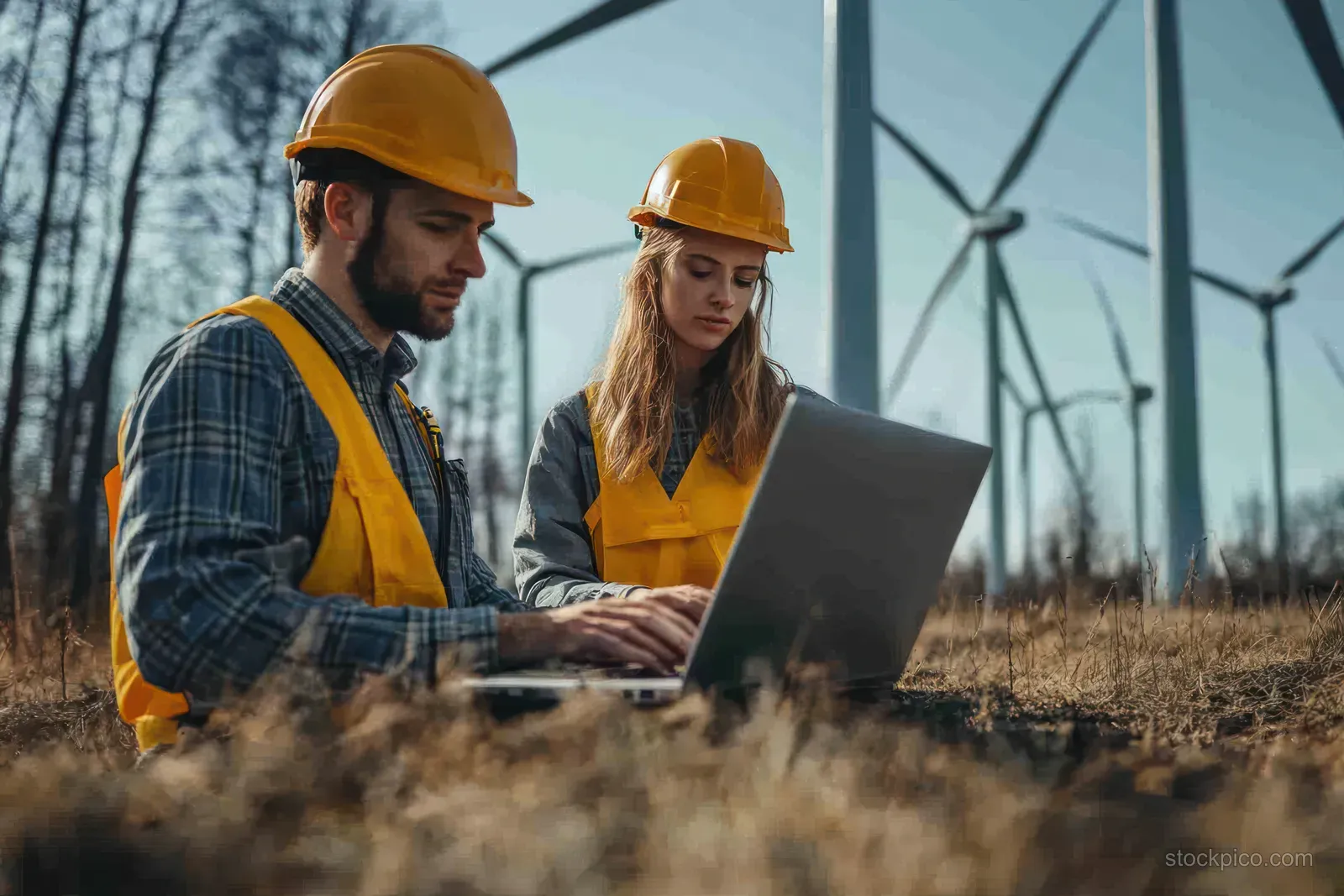 Two engineers in helmets work on laptops near wind turbines with rotating blades in the distance.