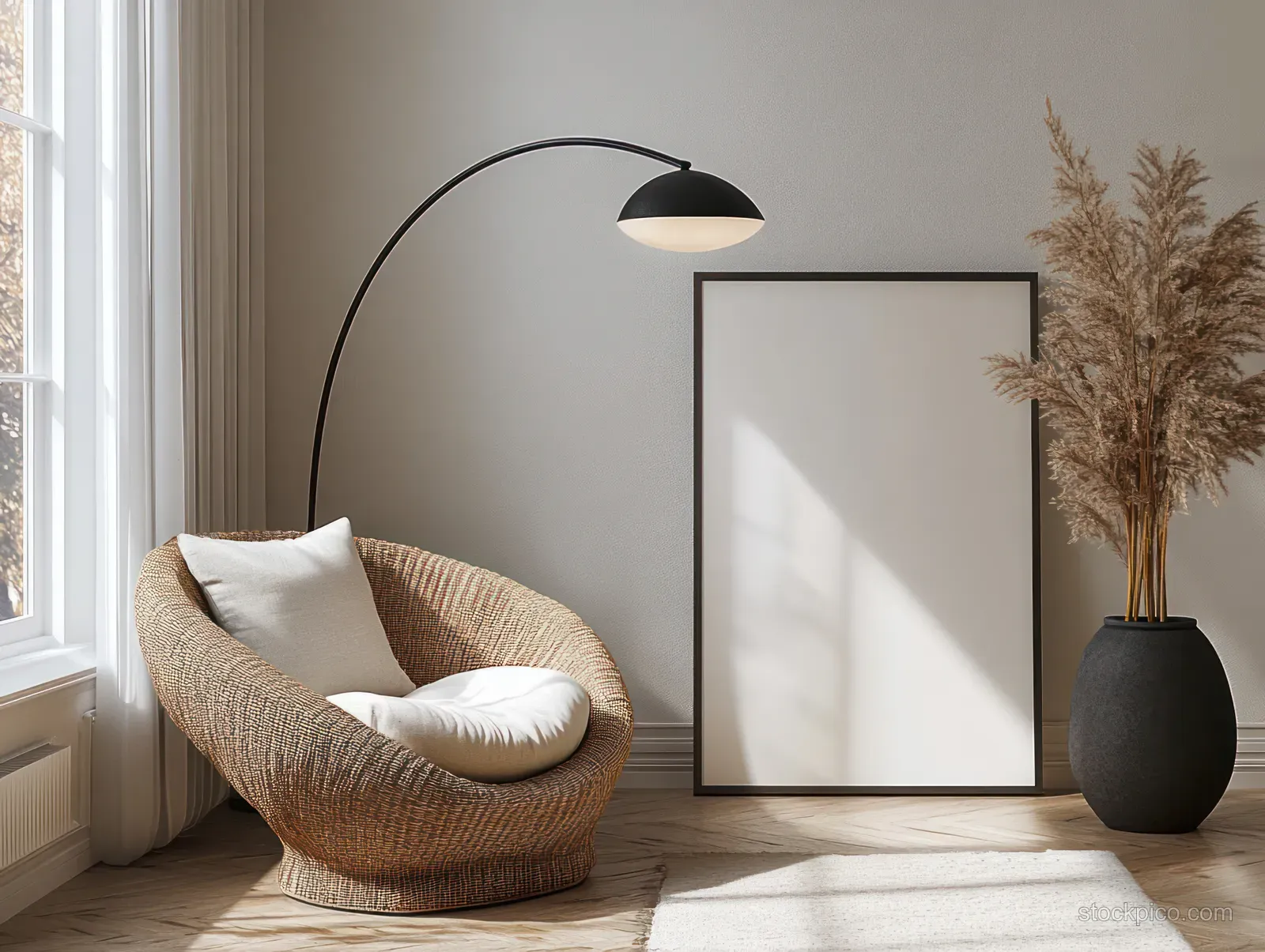 Cozy armchair, arc floor lamp, and empty square picture frame in a bright Scandinavian interior by a window.