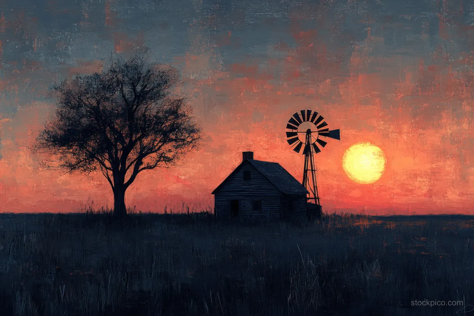 Silhouetted tree and windmill stand by a farmhouse on a dusk farm with a glowing sun and pastel clouds.