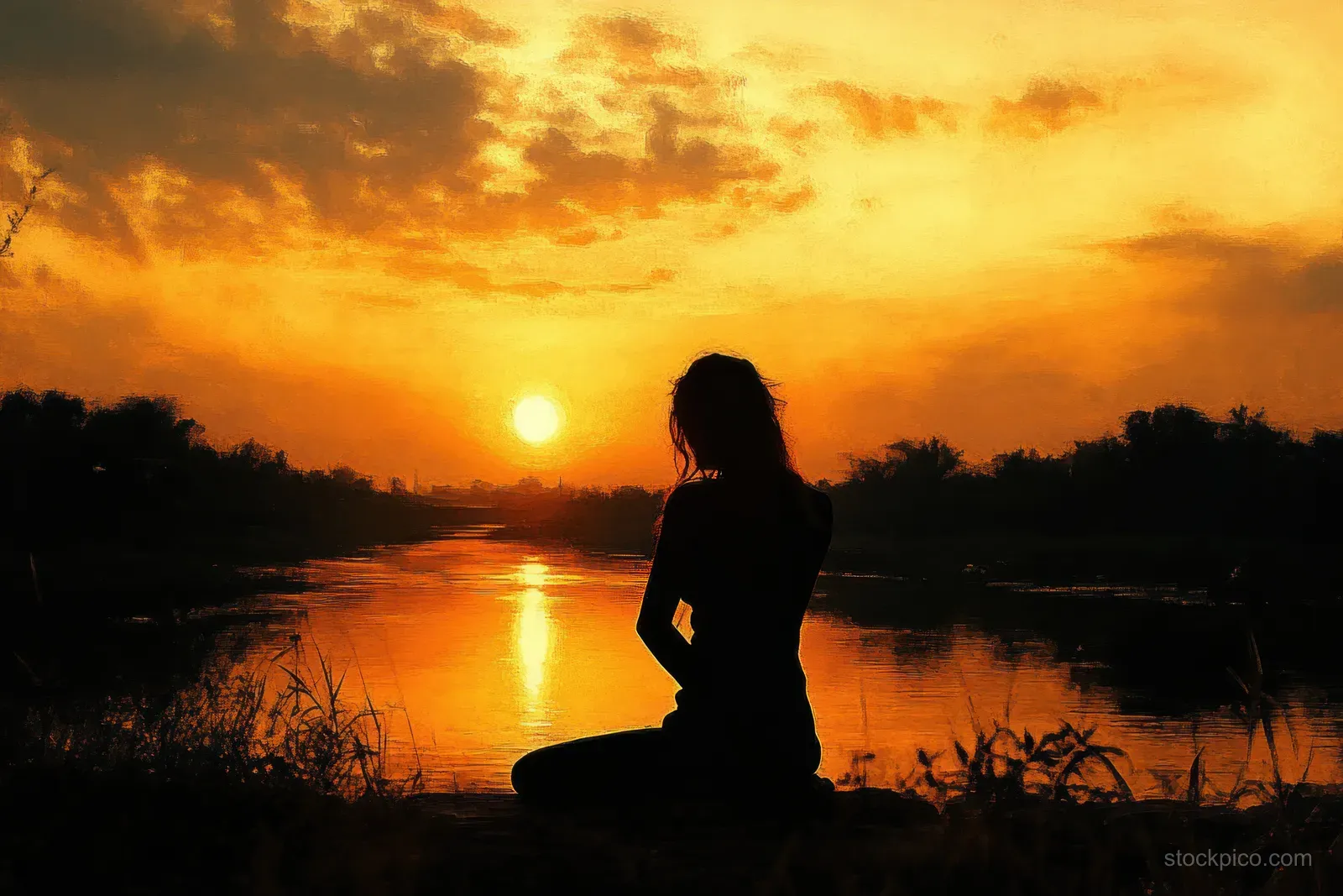 Silhouette of a person meditating by a riverbank during an orange sunset with reflections on still water.