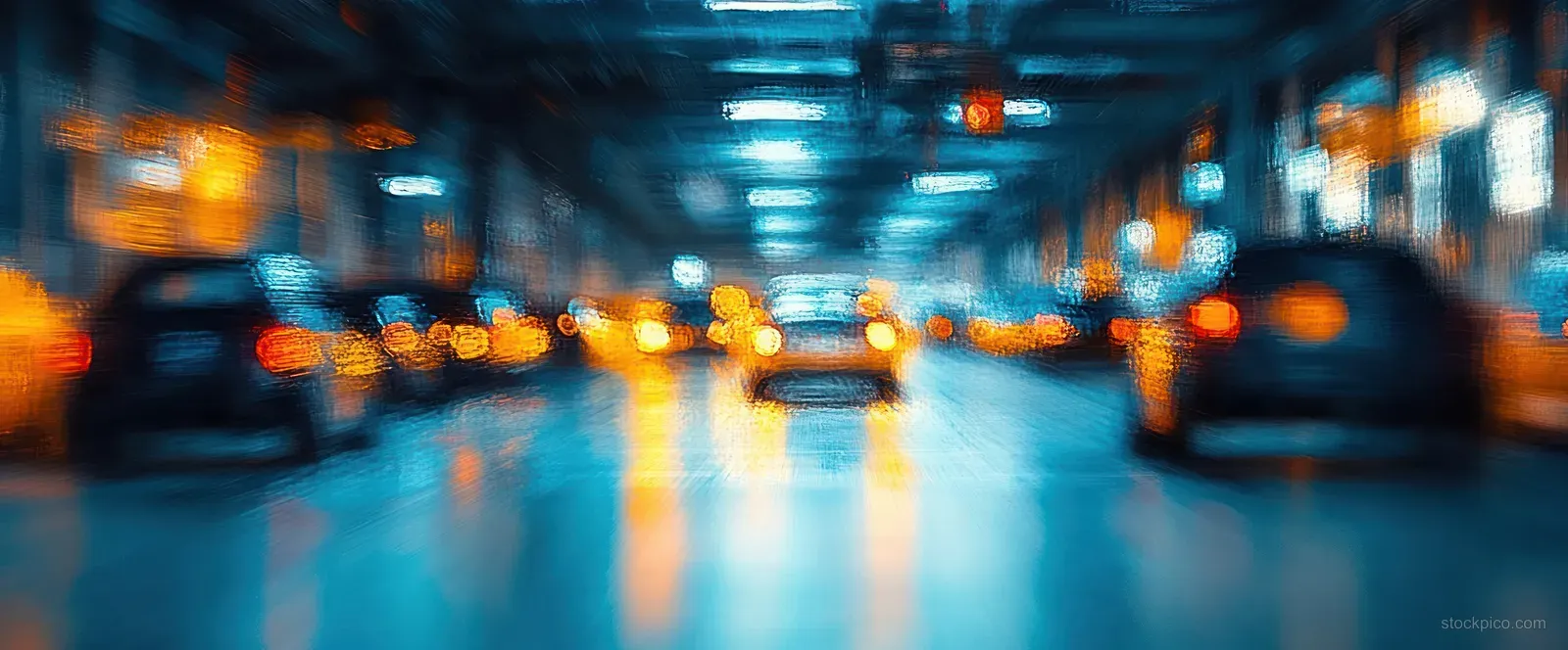 Motion-blurred cars drive on a wet night street, glowing yellow and blue lights reflecting on the pavement.