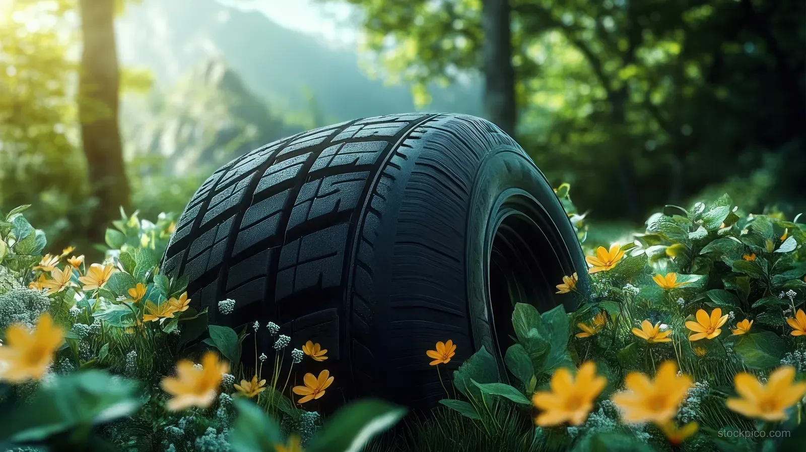 An abandoned car tire surrounded by yellow wildflowers and green grass beneath sunlit forest trees.