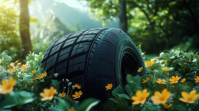 An abandoned car tire surrounded by yellow wildflowers and green grass beneath sunlit forest trees.