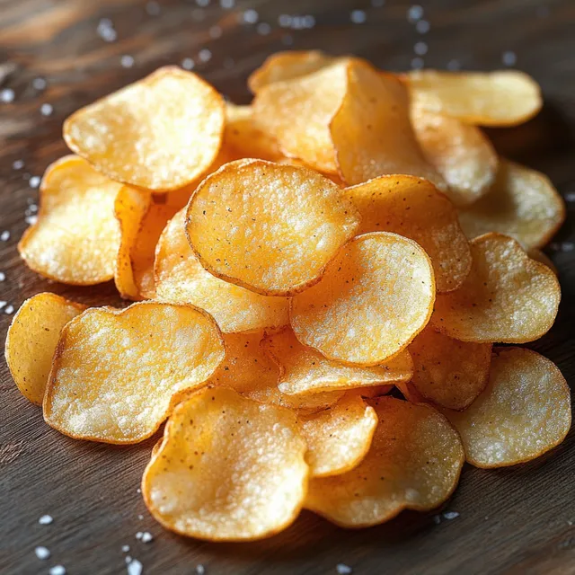 Close-up of golden salted potato chips piled on a rustic wooden surface with crisp, crunchy textures.