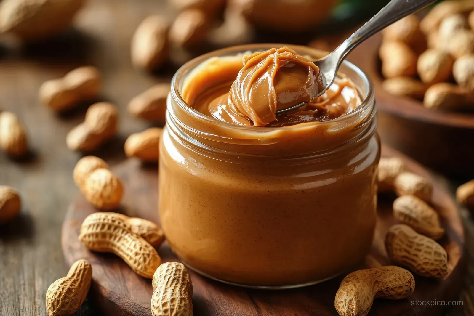 A spoon lifts creamy peanut butter from a glass jar while whole unshelled peanuts rest on a wooden table.