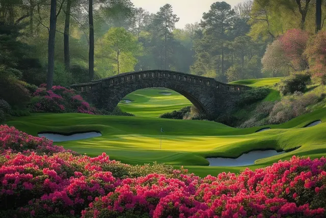 Vibrant pink flowering bushes border a green fairway beneath an arched stone bridge.