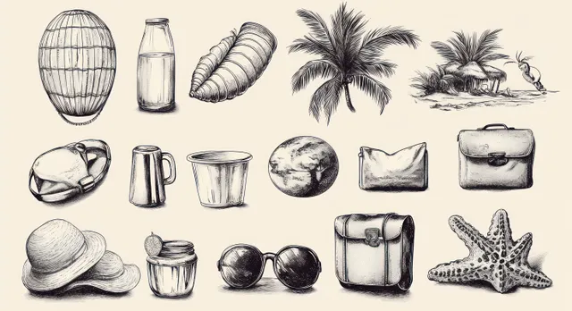 Hand-drawn vintage beach travel objects with shells, palm trees, compass, and binoculars