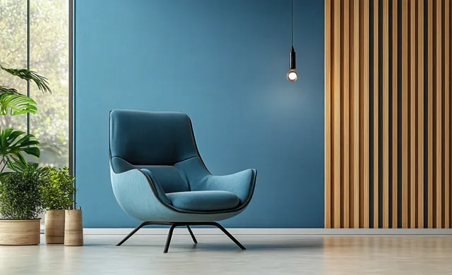 Light blue armchair on a light floor in a living room with blue wall, wooden slat paneling, and warm pendant lamp.