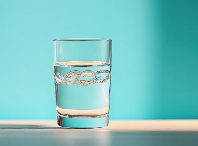 A clear glass of water with bubbles sits on a wooden surface against a bright blue background.
