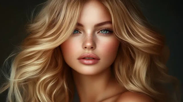 Close-up blonde woman with wavy hair in dramatic studio lighting