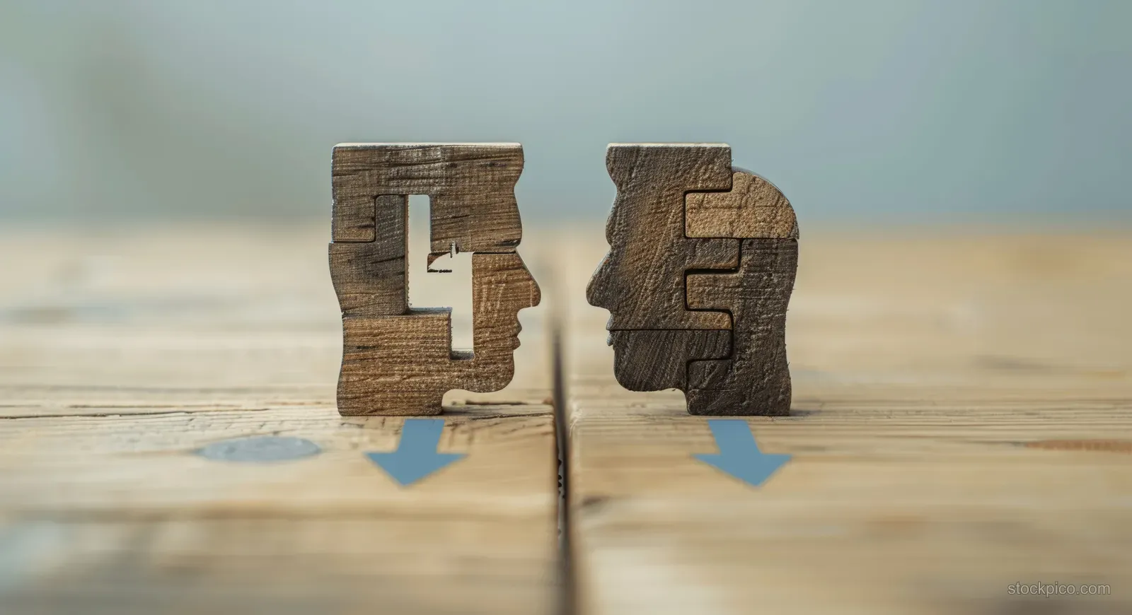 Two wooden head silhouettes exchange ideas with blue arrow symbols on a table.