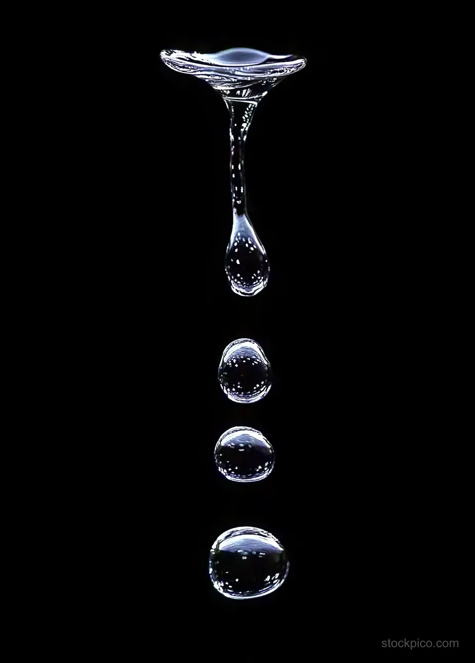 Multiple clear water droplets suspended in midair above a black background, showing crisp reflections and separation.