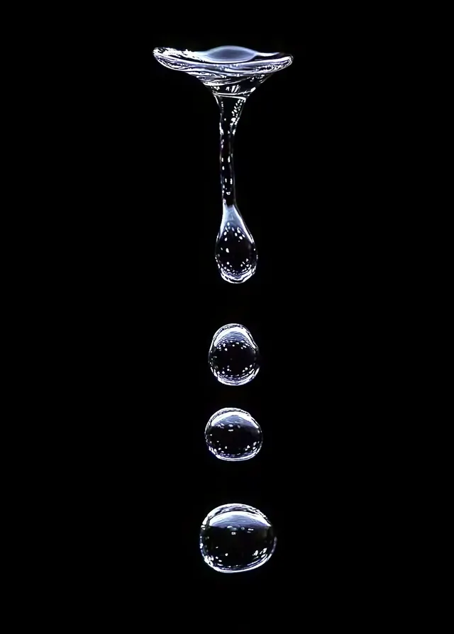 Water droplets suspended in midair above black background, captured mid-splash with reflections