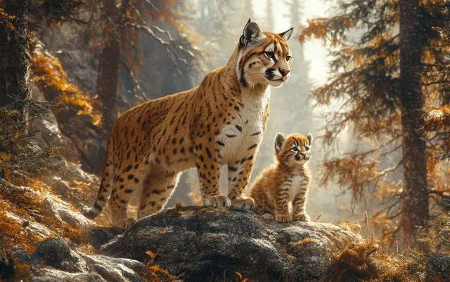 Cougar mother and cub watching in a sunlit forest clearing with warm rays