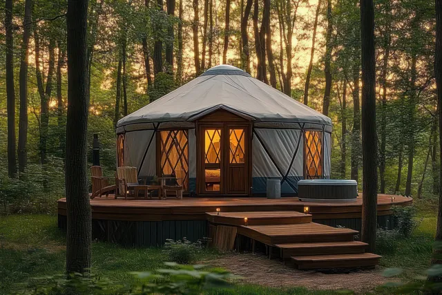 Cozy round glamping tent on wooden deck with warm lights at forest sunset