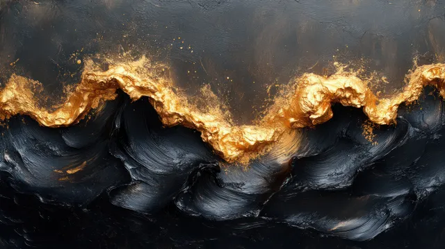 Gold and black abstract paint waves with textured brush strokes under dramatic lighting